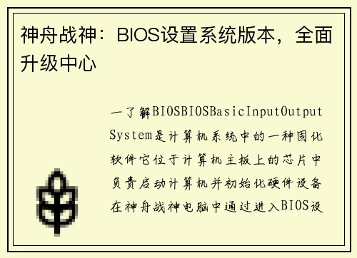 神舟战神：BIOS设置系统版本，全面升级中心