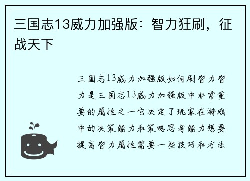 三国志13威力加强版：智力狂刷，征战天下