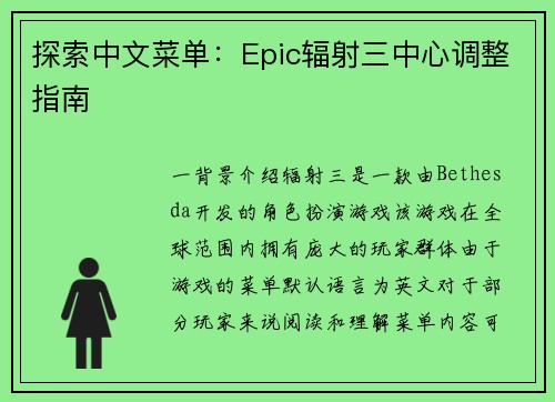 探索中文菜单:Epic辐射三中心调整指南