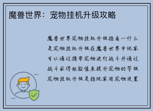 魔兽世界:宠物挂机升级攻略